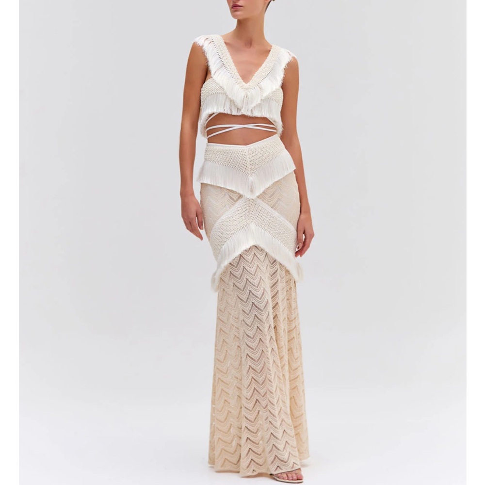 Patbo fringe trim crop top and maxi skirt in bone (top:size 4;  bottom:size 2)